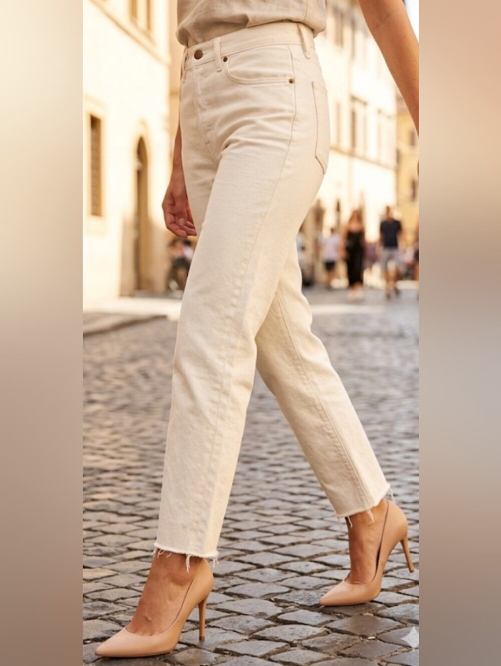 AG Ed Premium Denim High-Rise Straight Leg Jeans in Cream (Sz 30) Lux Chic